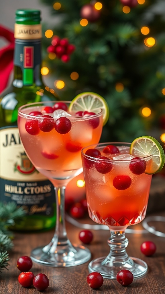 Festive Jameson Christmas Cocktails Two festive Jameson cocktails with cranberries and lime, surrounded by holiday decorations.